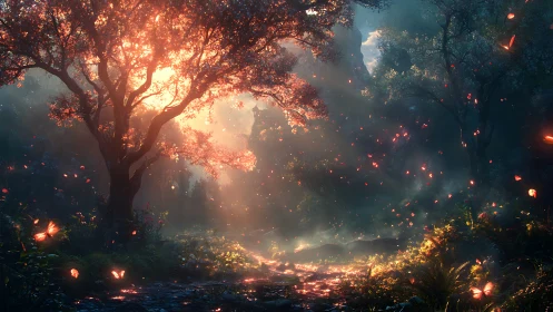 Backlit enchanted forest tree channels radiant volumetric light