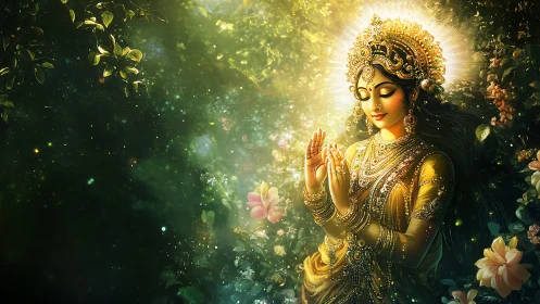 Radiant goddess in golden forest glows with serene devotion