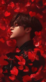 Digital portrait in red heart bokeh with cinematic side profile.