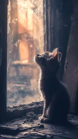 Black Cat Gazing Through Sunlit Doorway.