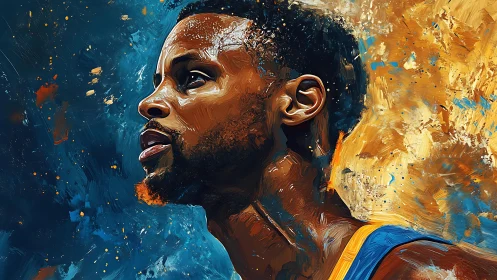 Dynamic basketball portrait merges expressive blue and gold