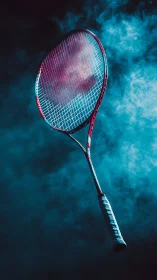 Tennis racket suspended against blue smoke filled background