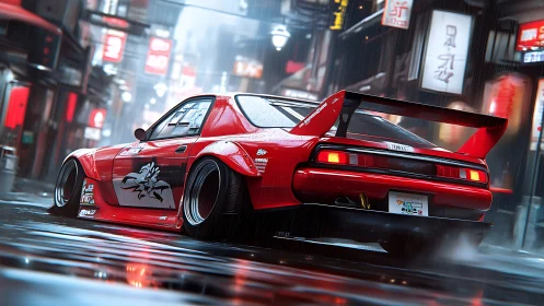 Red tuned sports car on wet neon city street at night.