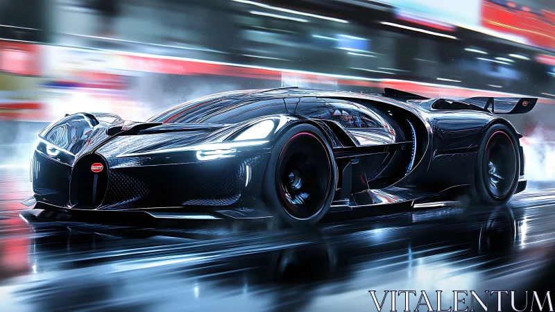 Midnight hypercar rockets through neon-lit urban storm.
