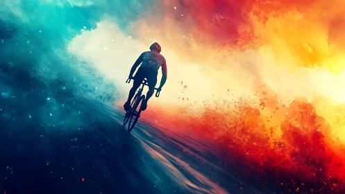 Cyclist silhouette traversing spectral gradient chromatic field.