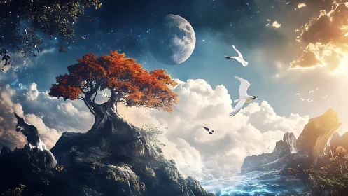 Celestial landscape unites crimson tree, moonlit clouds, and seabirds