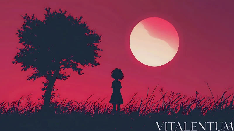Silhouetted child stands under tree facing oversized red sun