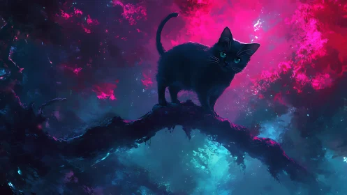 Silhouetted Black Cat Against Neon Pink and Cyan Particle Nebula