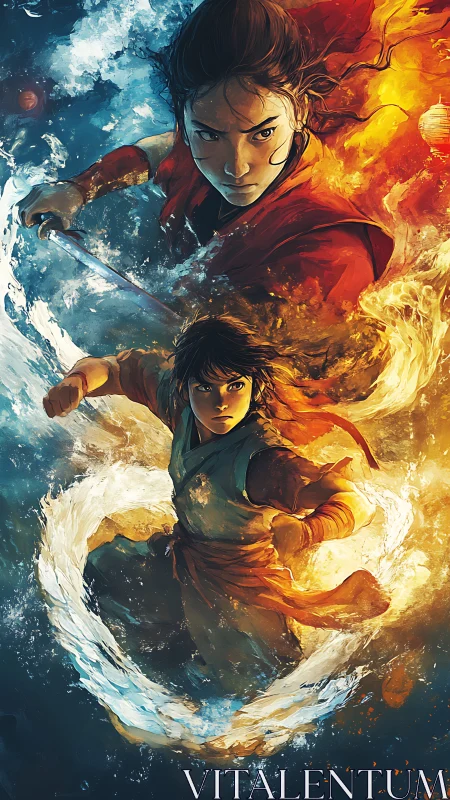 Dual martial artists with elemental fire and water energy.