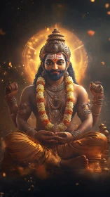 Hindu deity figure sits cross-legged before radiant halo