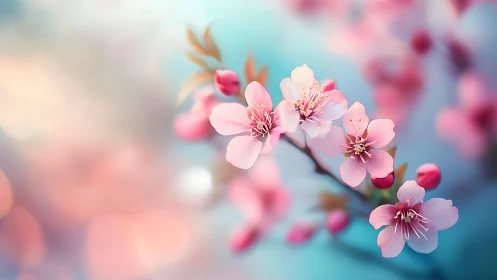 Spring Cherry Blossoms Against Soft Blue Sky.