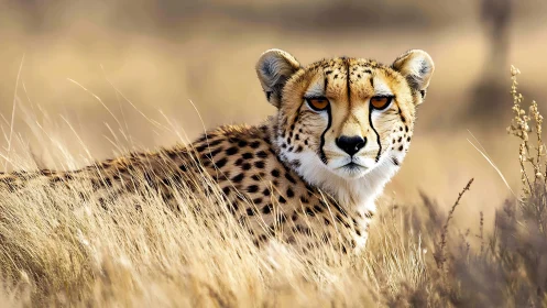 Cheetah in golden savanna grass under shallow depth of field lighting