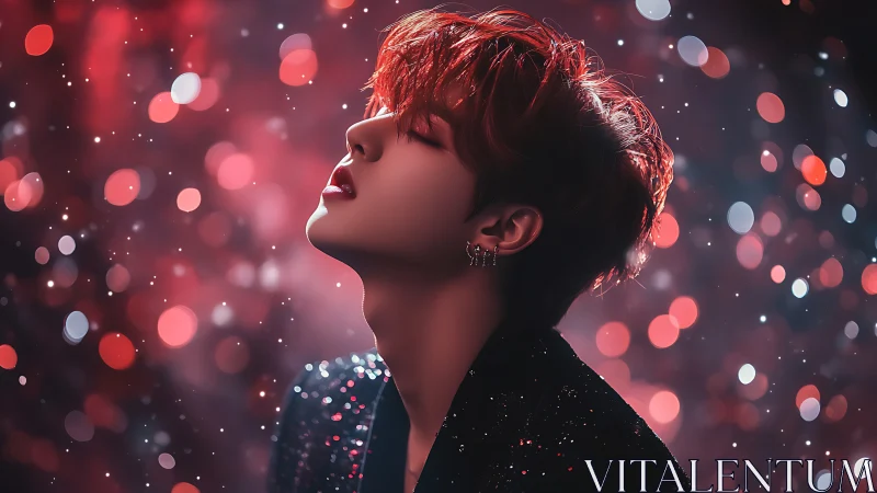 Side profile portrait with red bokeh background is rendered