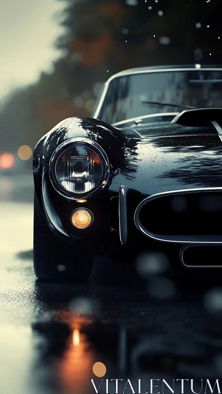 Rain-soaked classic roadster rendered with shallow depth of field