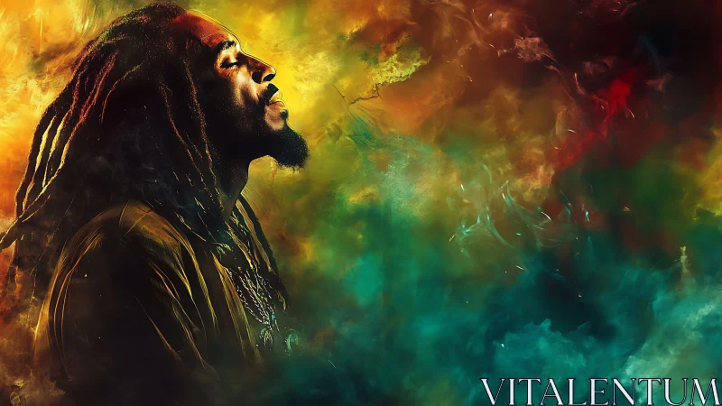 Dreadlocked dreamer inhaling nebula colored soundwaves.