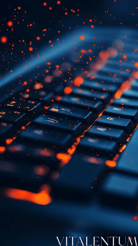 Low-angle keyboard macro with orange bokeh particles and shallow DOF