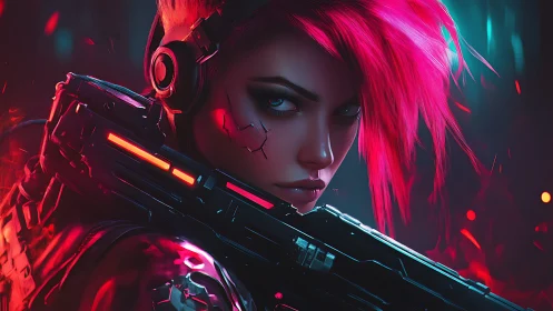 Neon haired cyber rebel ready for a bold futuristic showdown.