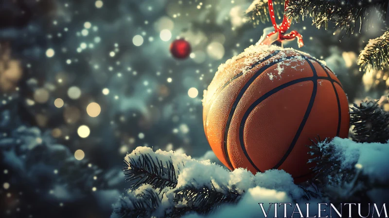 Basketball ornament hanging on snow covered fir branch.