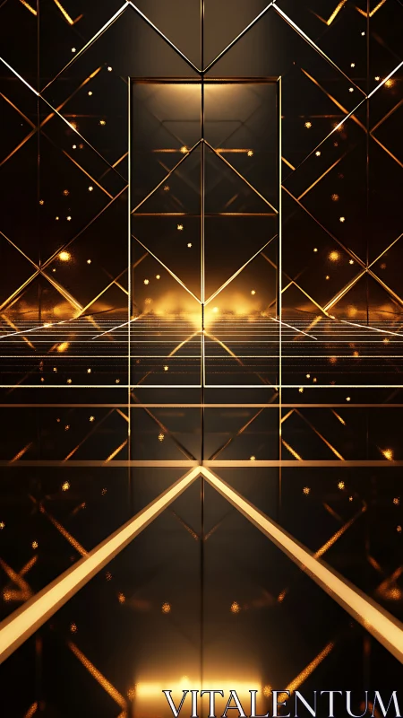 Golden gateway hums softly inside a mirrored neon prism