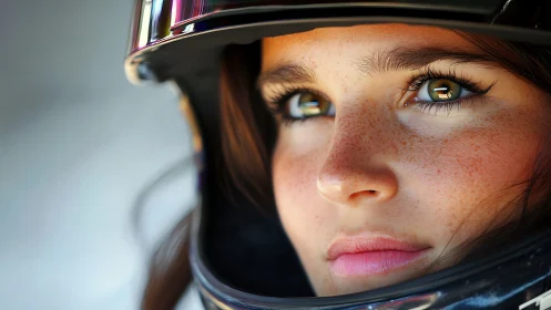 Focused young woman in racing helmet, close-up portrait.