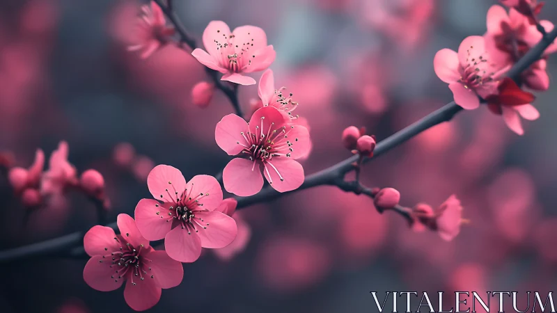 Pink Cherry Blossoms on Dark Branches: Macro Botanical Study.