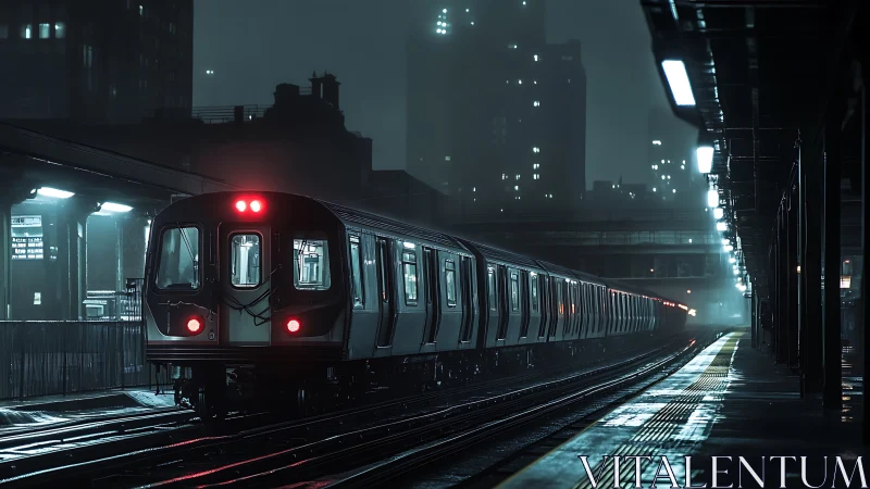 Midnight subway train waits in a moody, rain-soaked cityscape