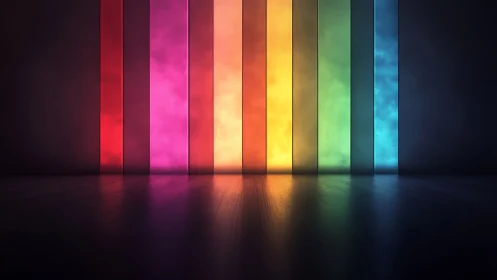 Vertical colored light panels cast reflections on floor