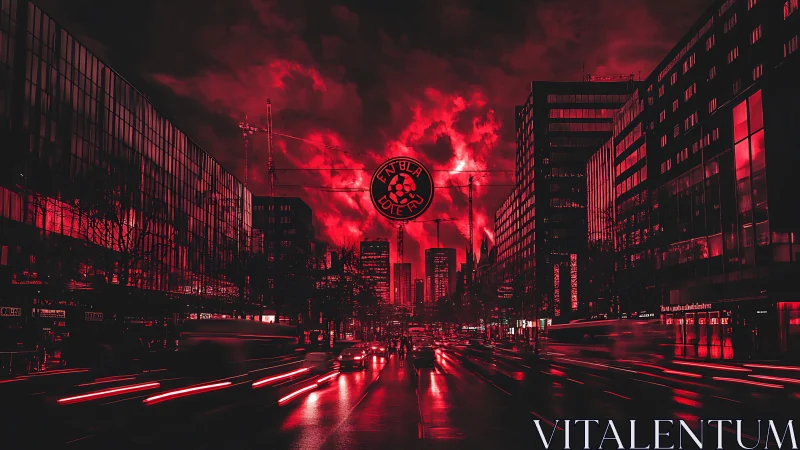 Neon red dystopian city avenue under storm-laden skies.