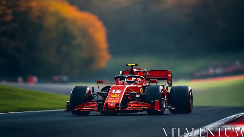 Scarlet Formula race car charges through sunlit circuit.