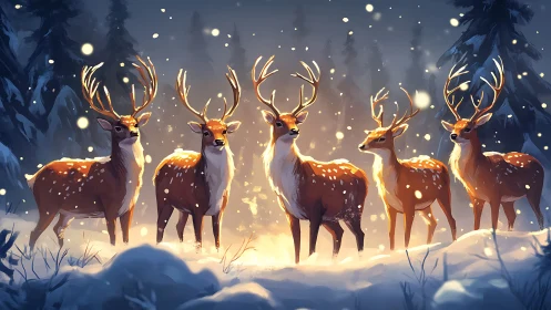Gentle winter deer glow together in a softly lit forest