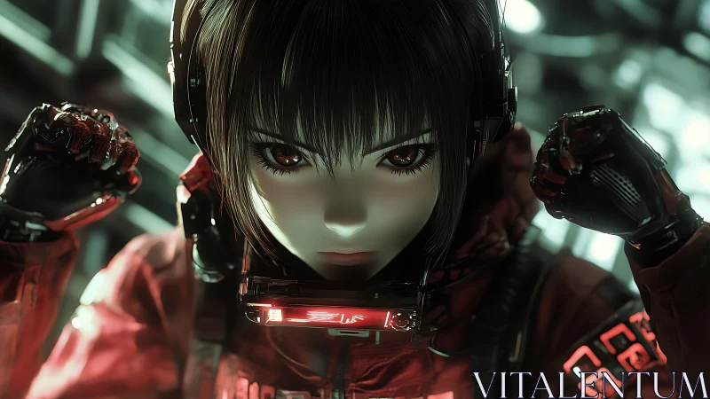 Cybernetic girl in combat stance under neon backlight.