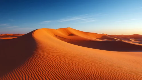 Golden desert dunes glow softly beneath a vast blue sky
