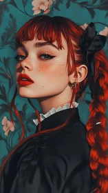 Freckled flame-haired muse studies the room with quiet fire