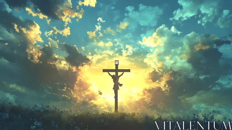 Crucifix silhouette crowned by blazing dawn of redemption.
