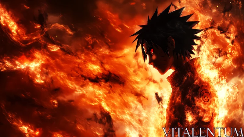 Anime boy silhouette in intense surrounding flames.