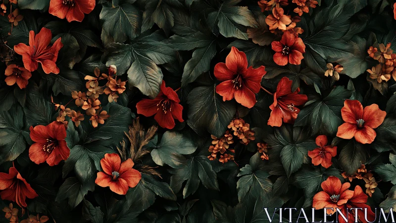 Dark botanical pattern with rich red floral bursts.