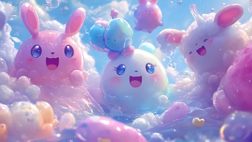 Playful pastel creatures splash in a dreamy bubble kingdom