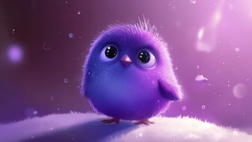 Fluffy purple chick glowing softly in a dreamy twilight.