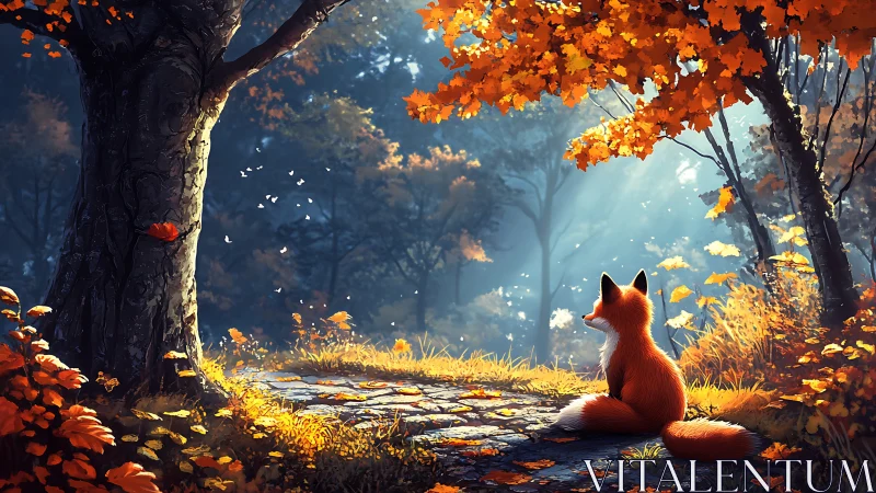 Red fox on forest path under autumn foliage at sunrise.