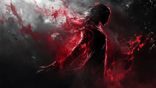 Silhouetted figure dissolves into red and black energy