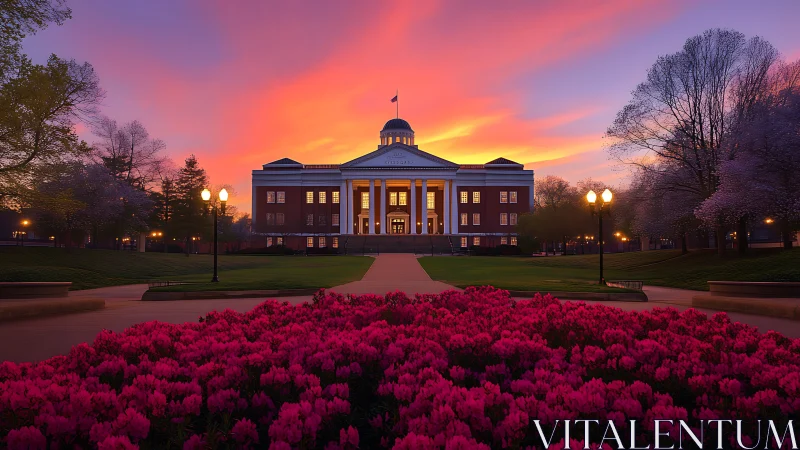 Neoclassical campus hall framed by axial path, lamps and tulip bed
