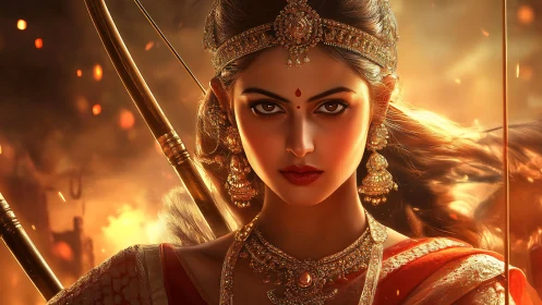 Warrior goddess portrait glows in dramatic golden firelight.