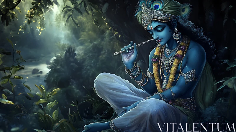 Blue divine musician rests in moonlit forest clearing.