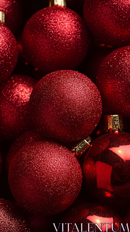 Crimson glitter ornaments glow in a festive yuletide cluster.