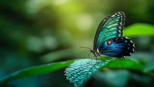 Iridescent blue butterfly on leaf in luminous bokeh field.