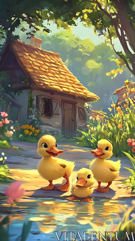 Three ducklings near pond in bright cottage garden scene.