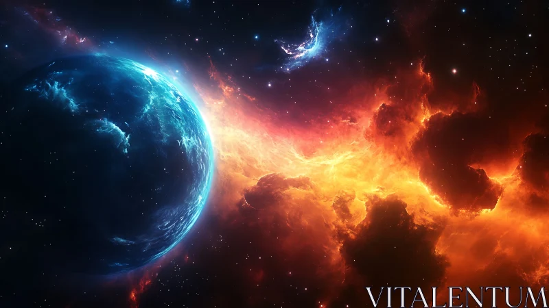 Blue exoplanet intersects with high-contrast stellar nebula