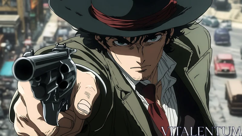 Gunman aims revolver down busy city street in anime style