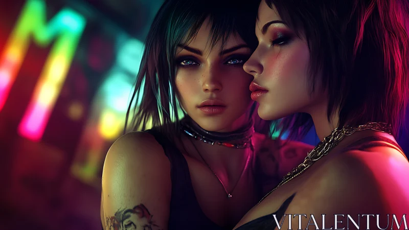 Two cyberpunk women pose in neon nightclub lighting close together