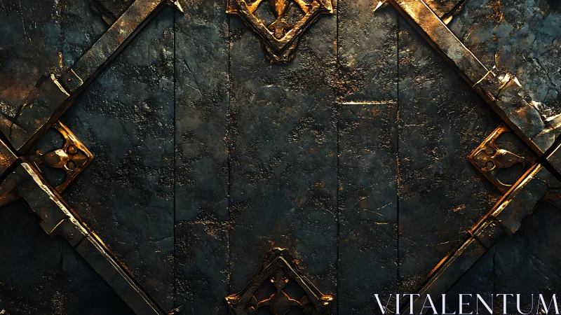 Digital painting of worn metallic geometric gate surface design.